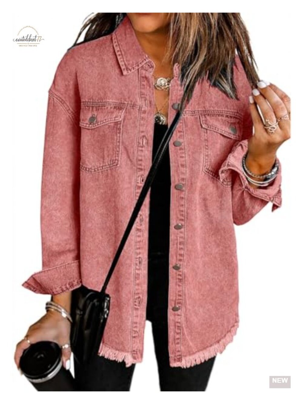 Oversized Frayed Hem Denim Shacket Women Button Up Long Sleeve Casual Jean